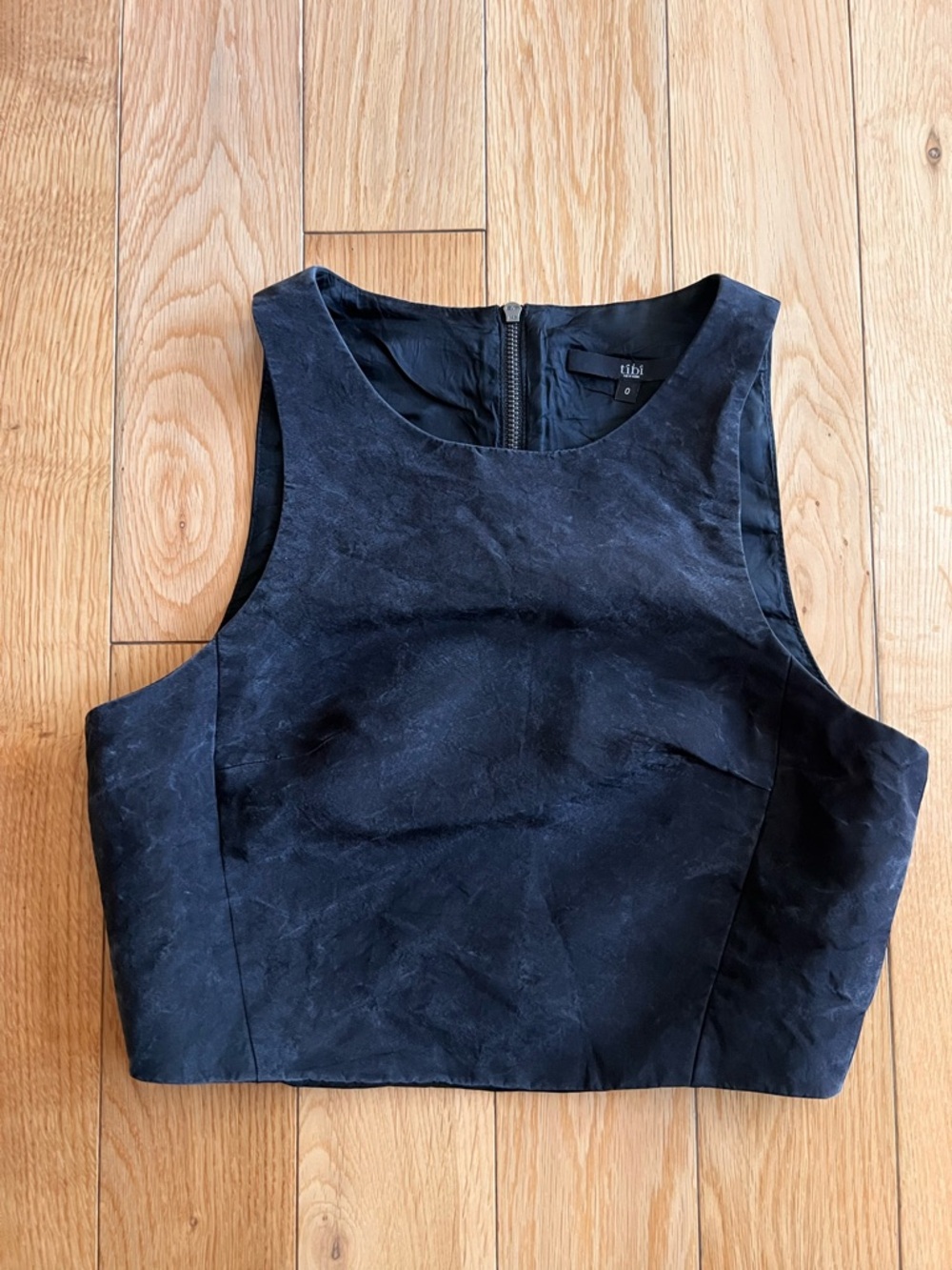 Tibi Womens 100% Silk Cropped Tank Zip Back Structured Marbled Black Size 0